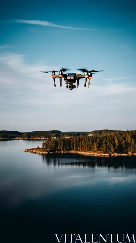 Drone Flying Over Serene Lake AI Image