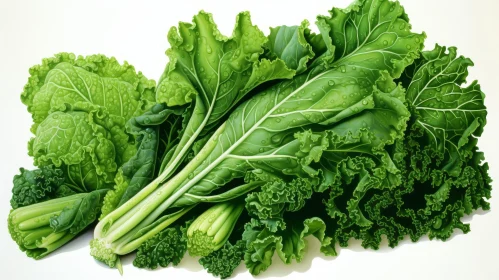 Green Leafy Vegetables with Water Drops on White Background