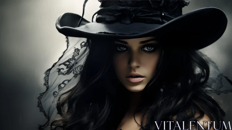 Intense Woman Portrait in Black Hat and Dress AI Image
