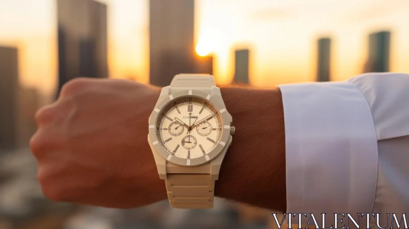 Man in White Shirt with Beige Watch at Sunset AI Image