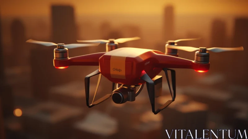 AI ART Red Drone Flying Over Cityscape at Sunset