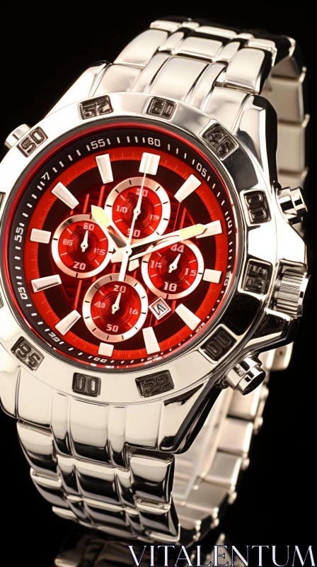 Stylish Silver Wristwatch with Red Dial | Arabic Numerals | Date Window AI Image