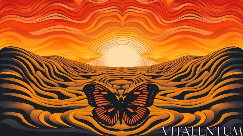 Surreal Butterfly Landscape with Red and Orange Sky AI Image