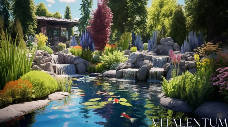 Tranquil Garden Scene with Pond and Waterfall AI Image
