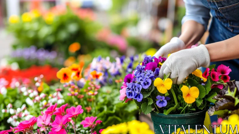 Woman Planting Colorful Flowers - Gardening Composition AI Image