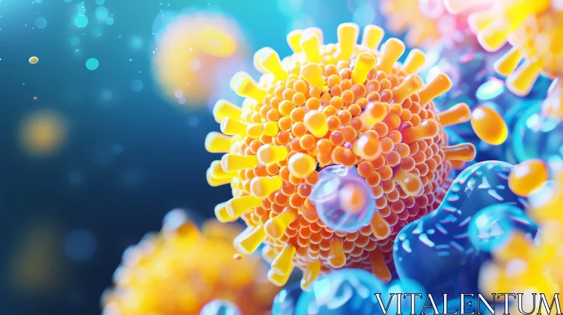 Yellow Spiked Virus in Blue Liquid - 3D Illustration AI Image