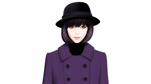 Young Woman Portrait in Black Hat and Purple Coat