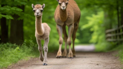 Baby Camel Walking with Mother in Nature