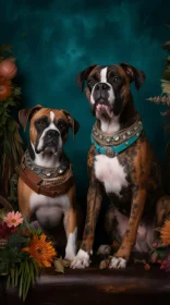 Brindle Boxer Dogs with Collars on Brown Surface