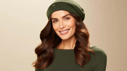 Charming Young Woman Portrait in Green Beret and Sweater