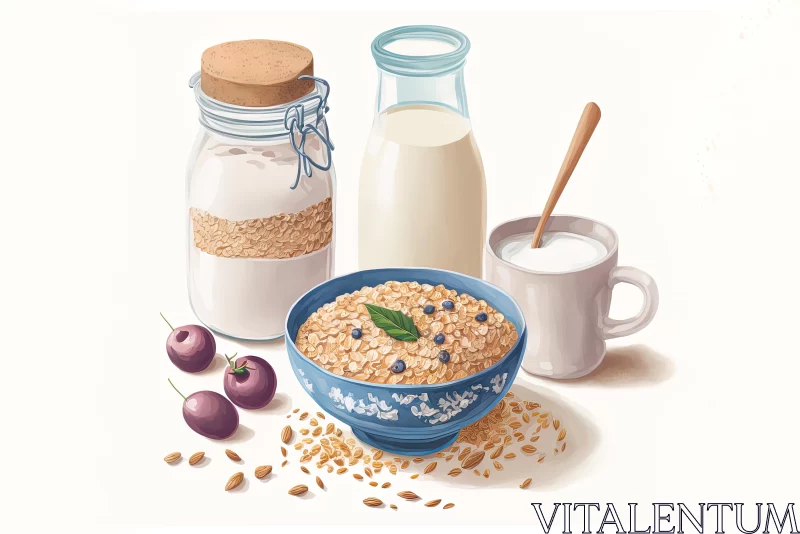 Detailed Breakfast Illustration: Cereals, Milk, and Fruits AI Image