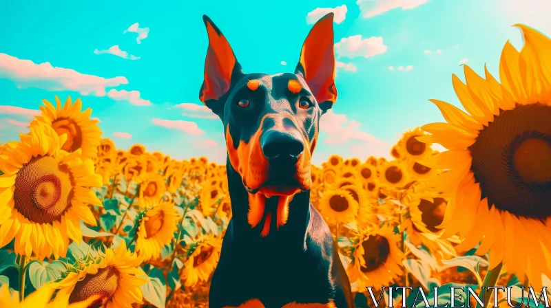 Doberman Pinscher Dog in Sunflower Field AI Image