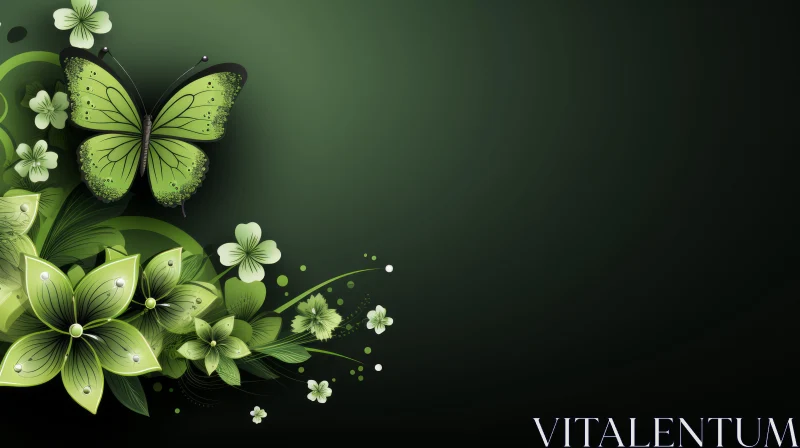 AI ART Green Butterfly on Floral Background