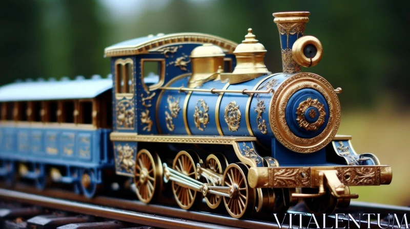Intricate Blue and Gold Model Train on Track AI Image