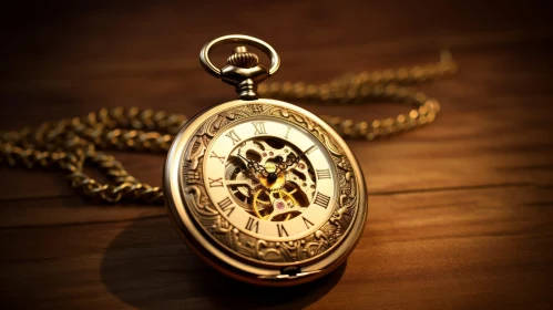 Intricate Gold Pocket Watch on Wooden Table