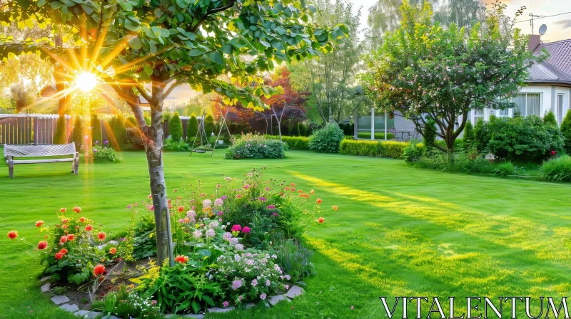 Morning Garden Oasis: Blooming Flowers and Sunlight AI Image