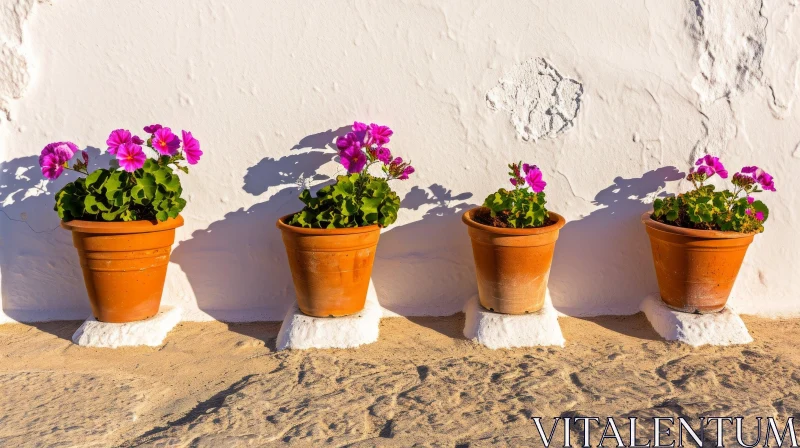 AI ART Pink Geraniums in Clay Flower Pots - Sunny Garden Scene