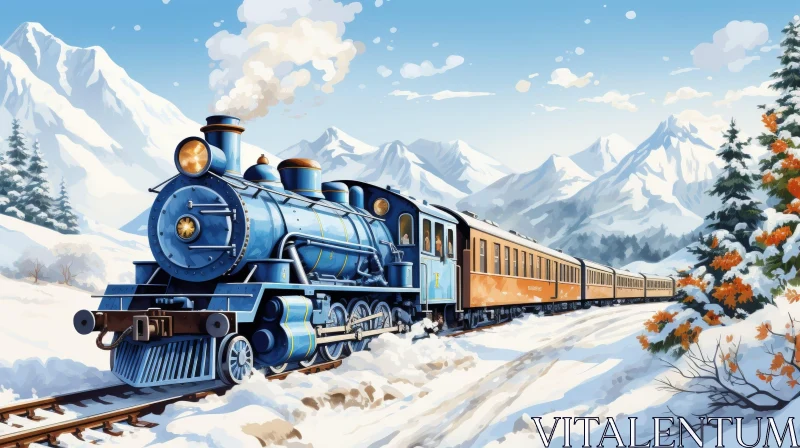 Snowy Mountain Landscape Train Painting AI Image