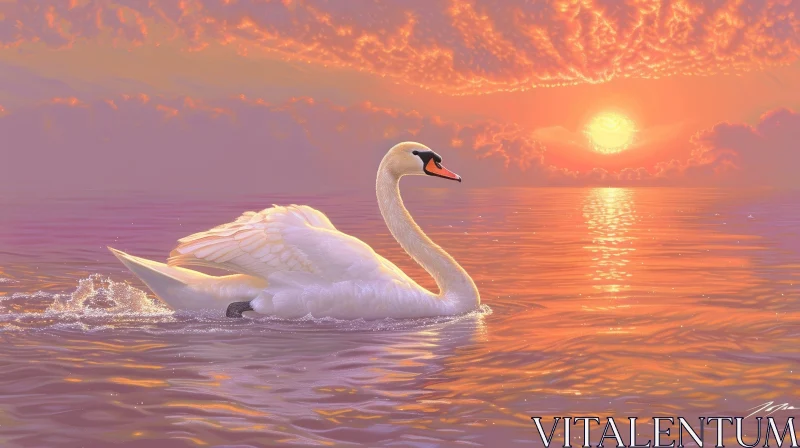 Tranquil Swan Lake Sunset Painting AI Image