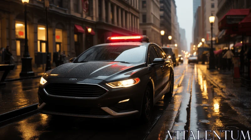 Urban and Edgy: Ford Sedan and Flashing Red Light in the Rain AI Image