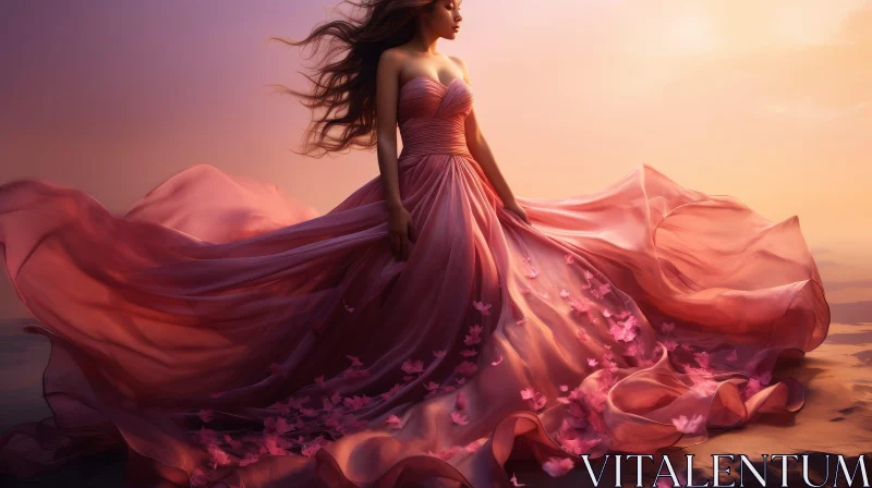AI ART Woman in Pink Dress Among Flowers at Sunset