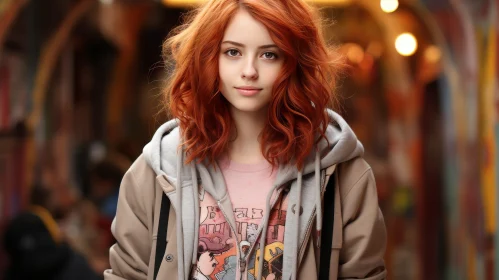 Young Woman with Wavy Red Hair in City Street