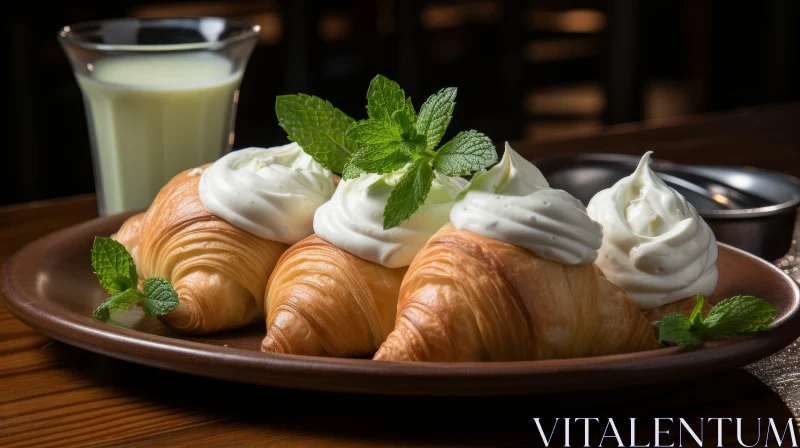 Delicious Croissants with Cream and Mint on Plate AI Image