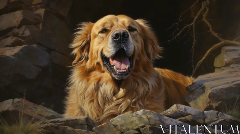 Golden Retriever Dog in Rocky Cave Painting AI Image