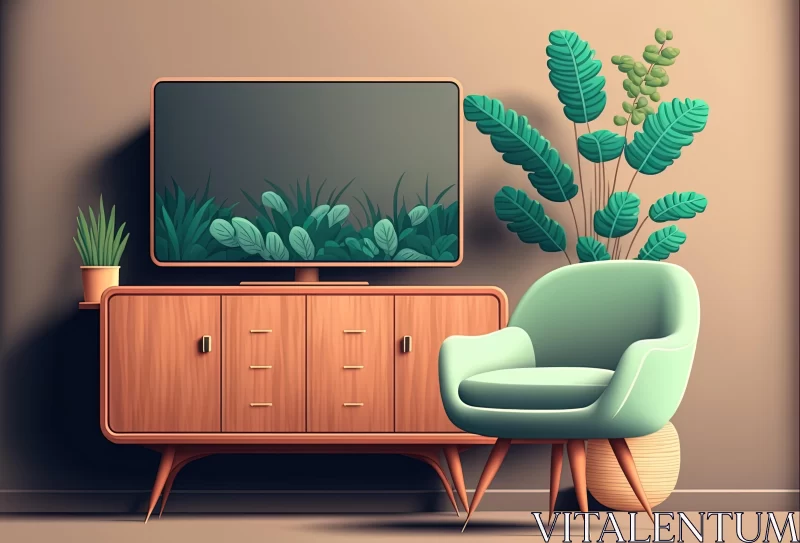 Green Chair and TV in Highly Detailed Illustration Style AI Image