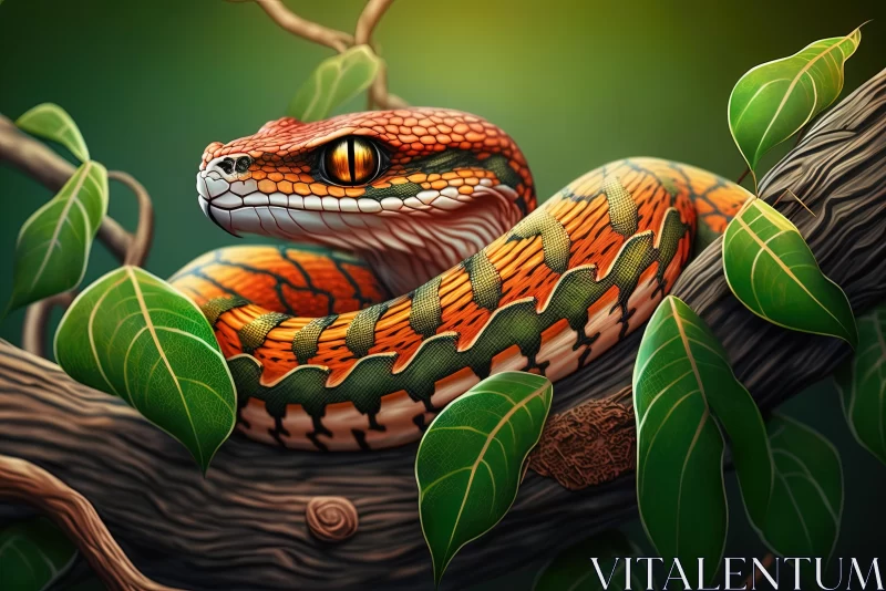 Orange Snake Illustration on Green Leaves | Realistic Artwork AI Image