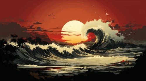 Powerful Sunset Sea Digital Painting