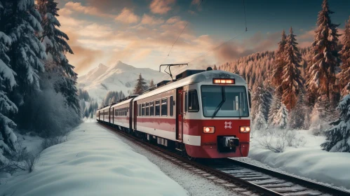 Red and White Train Traveling Through Snowy Forest at Sunset