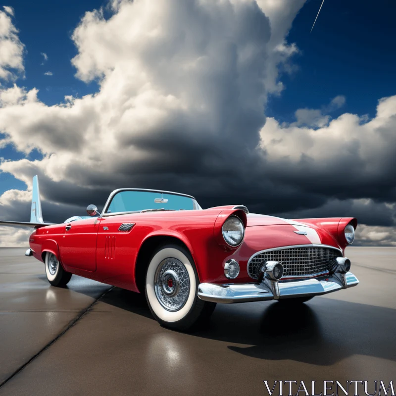 Red Car Under Cloudy Sky: Classic American Cars with Realistic Bird Paintings AI Image