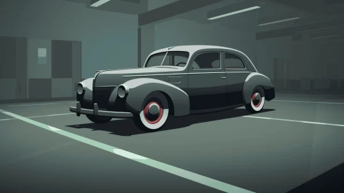 Retro Black and White Car Parked Inside Garage - Detailed Character Design