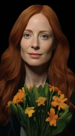 Smiling Woman with Red Hair and Yellow Flowers