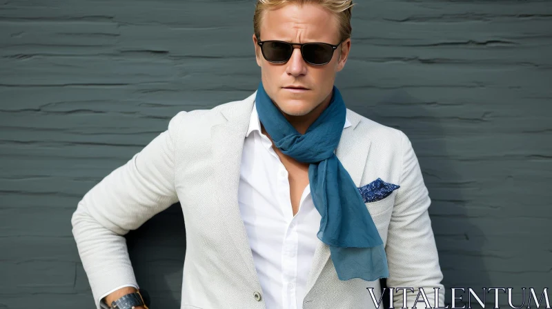Stylish Young Man in White Suit and Blue Scarf | Confident Portrait AI Image