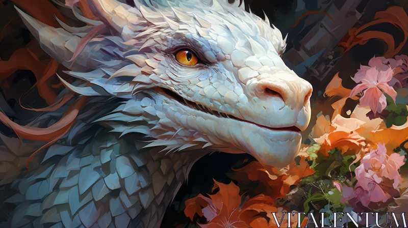 White Dragon in Forest with Flowers AI Image