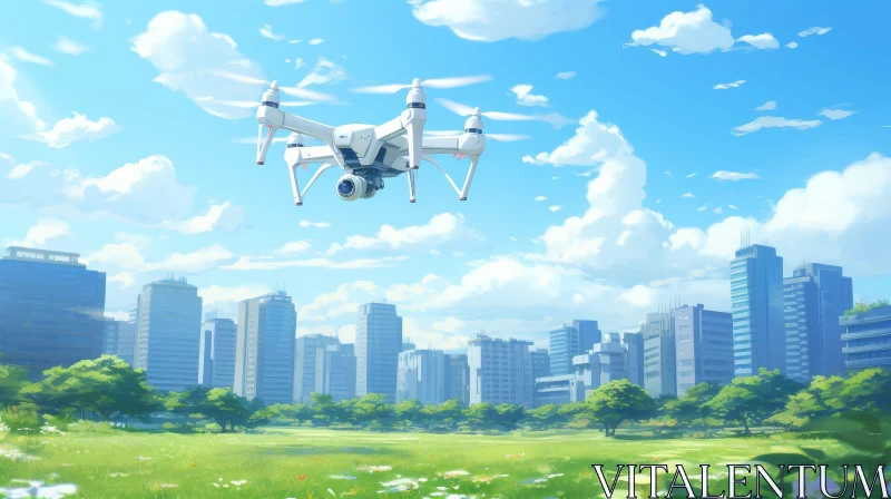 AI ART White Drone Flying Over City Park - Colorful Cartoon Style