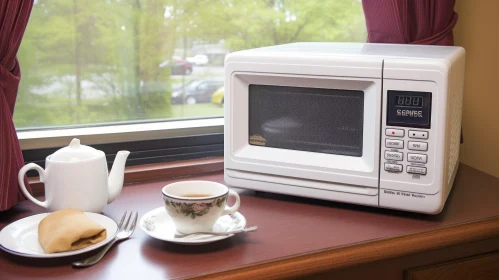 White Microwave Oven and Teapot on Wooden Table
