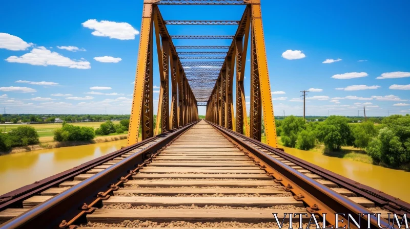 Yellow Metal Railroad Bridge Over Calm River AI Image