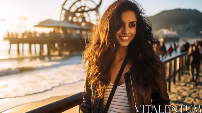 Young Woman in Brown Leather Jacket on Pier AI Image