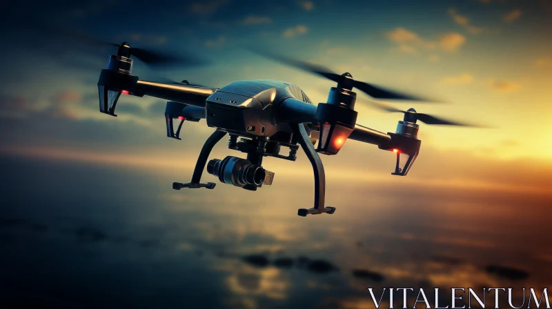Black Drone Flying in Orange Sunset Sky AI Image