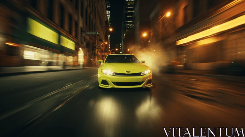 Captivating Yellow Car Driving through City Streets at Night AI Image