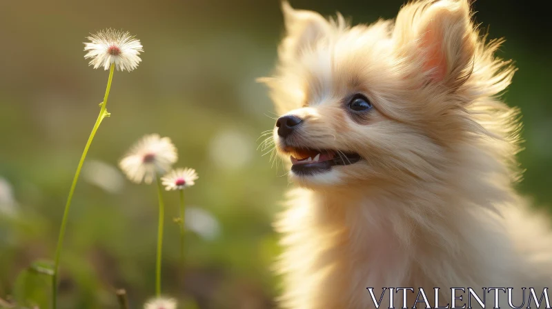 Charming Pomeranian Puppy in Field of Flowers AI Image