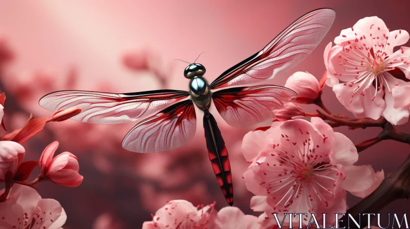 AI ART Dragonfly and Cherry Blossoms Close-up