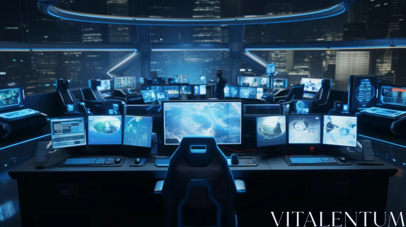 AI ART Futuristic Control Room Interior with Computer Screens and Panoramic Window
