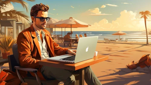 Man Working on Laptop at Beach Table with Sunset View