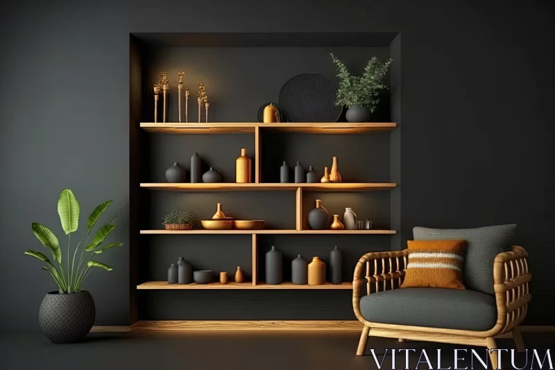 Minimalist Interior with Black Shelves, Furniture, and Plant | Realistic Chiaroscuro Lighting AI Image