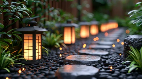 Serene Japanese Garden with Glowing Lanterns
