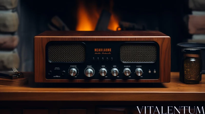 Vintage Wooden Radio by Fireplace AI Image